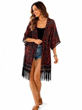 Multi Color Pattern Kimono Poolside Fringe Med Cocktail Travel Casual Festival